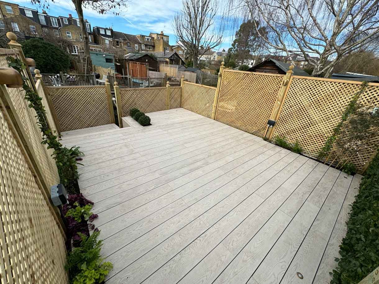 Aerial image of back garden down by the river with composite decking.