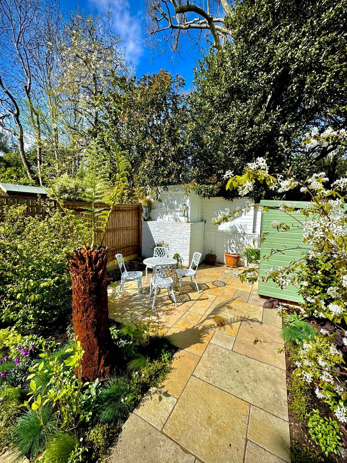 Courtyard garden in Putney with lots of plants.