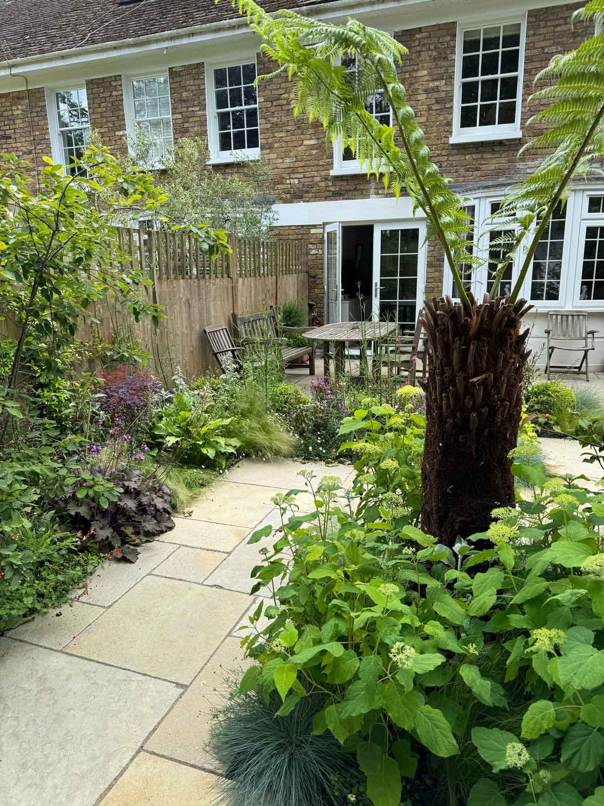 Courtyard garden in Putney with lots of plants.