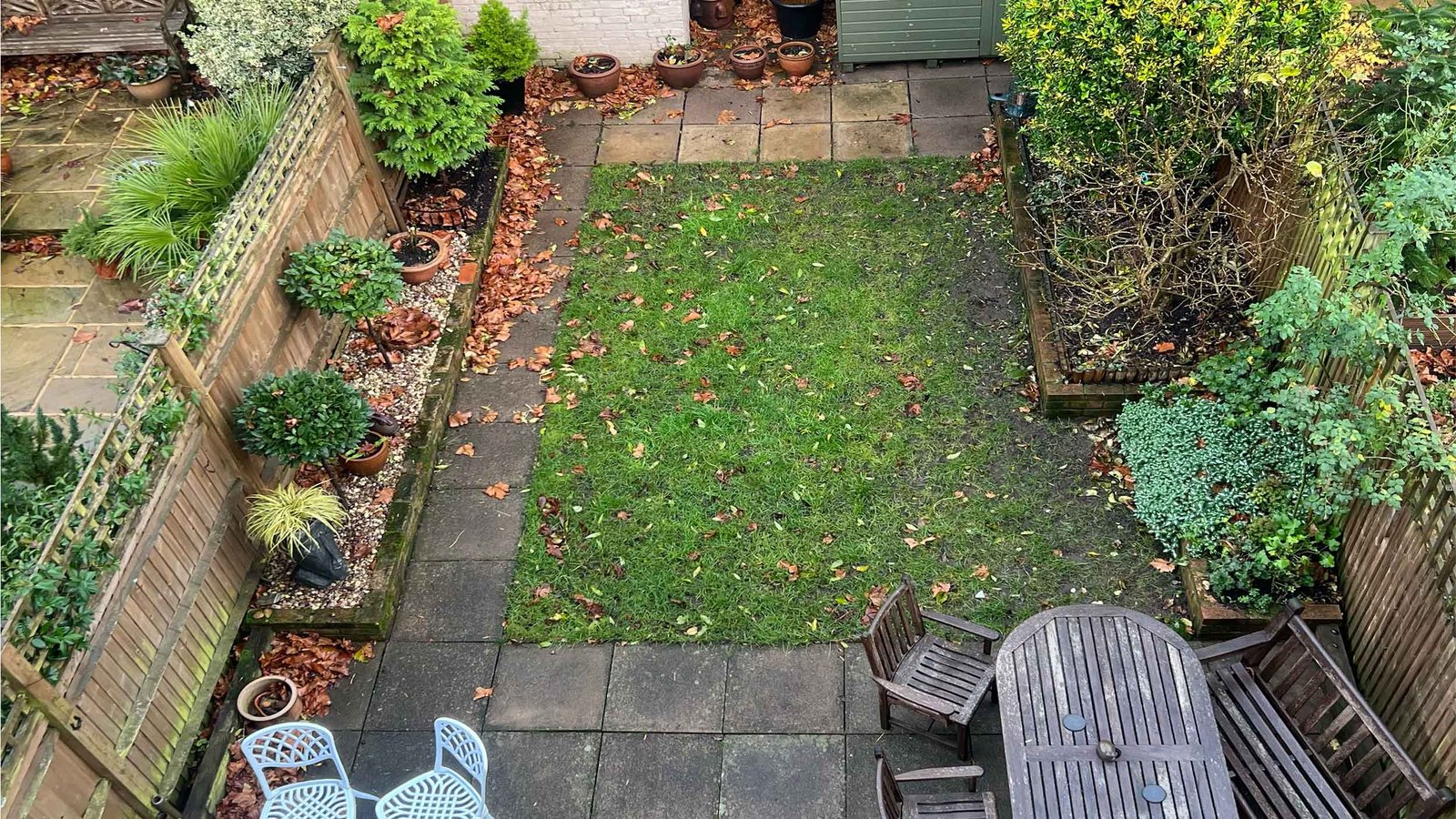 Aerial view of a garden with a lawn