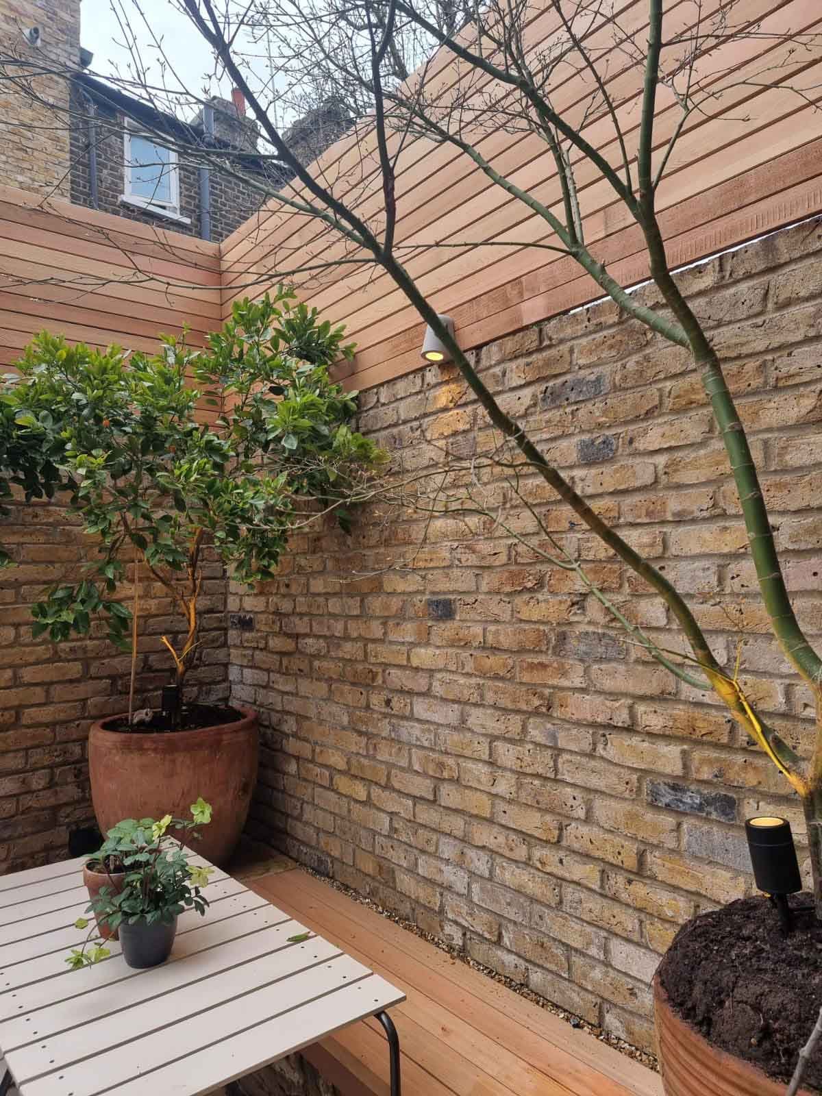 A small courtyard garden in Chiswick, using cedar battens for the fencing and porcelain tiles for the patio area.