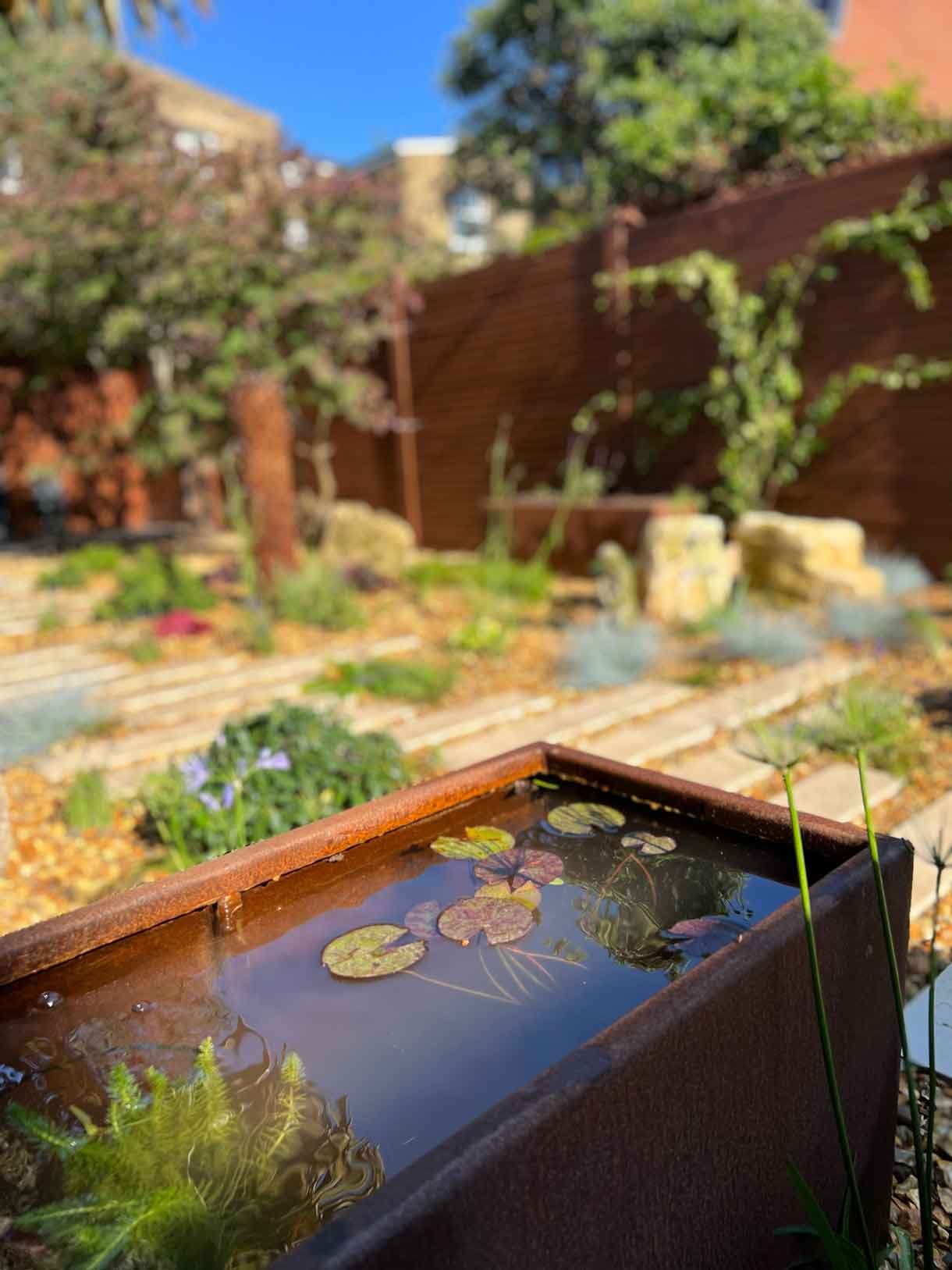 A gravel garden with plants and boulders, a water feature and stepping stones.
