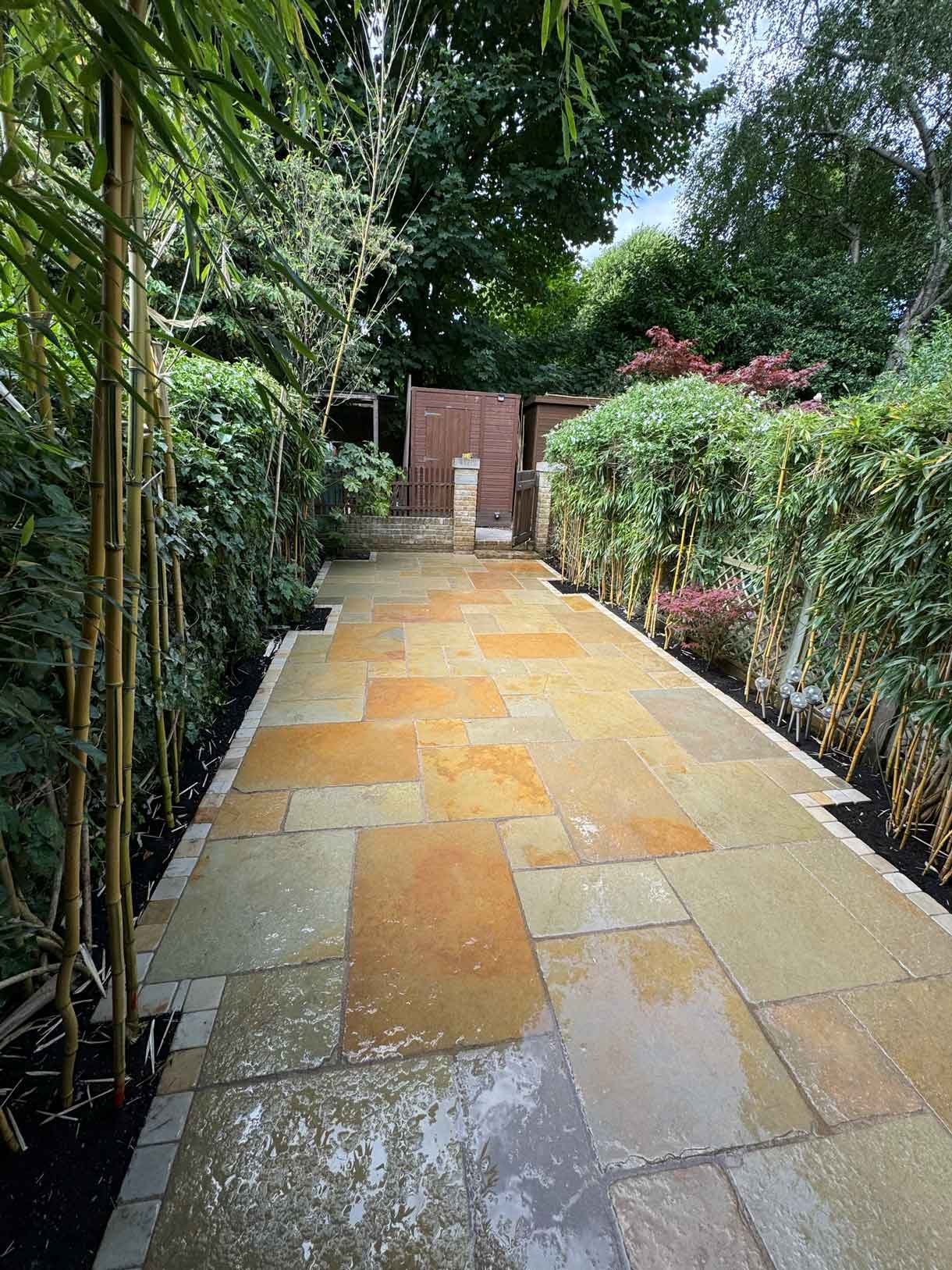 A new limestone patio in the project pack pattern. Beige and warm yellow colours.