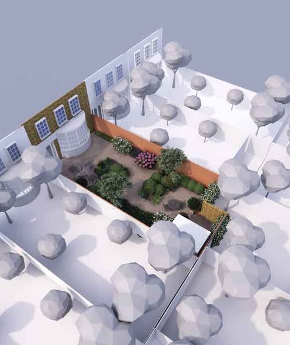 Computer generated image of a garden design with lots of plants in 3D