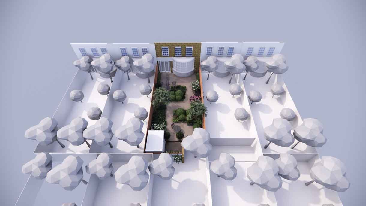 Computer generated image of a garden design with lots of plants in 3D