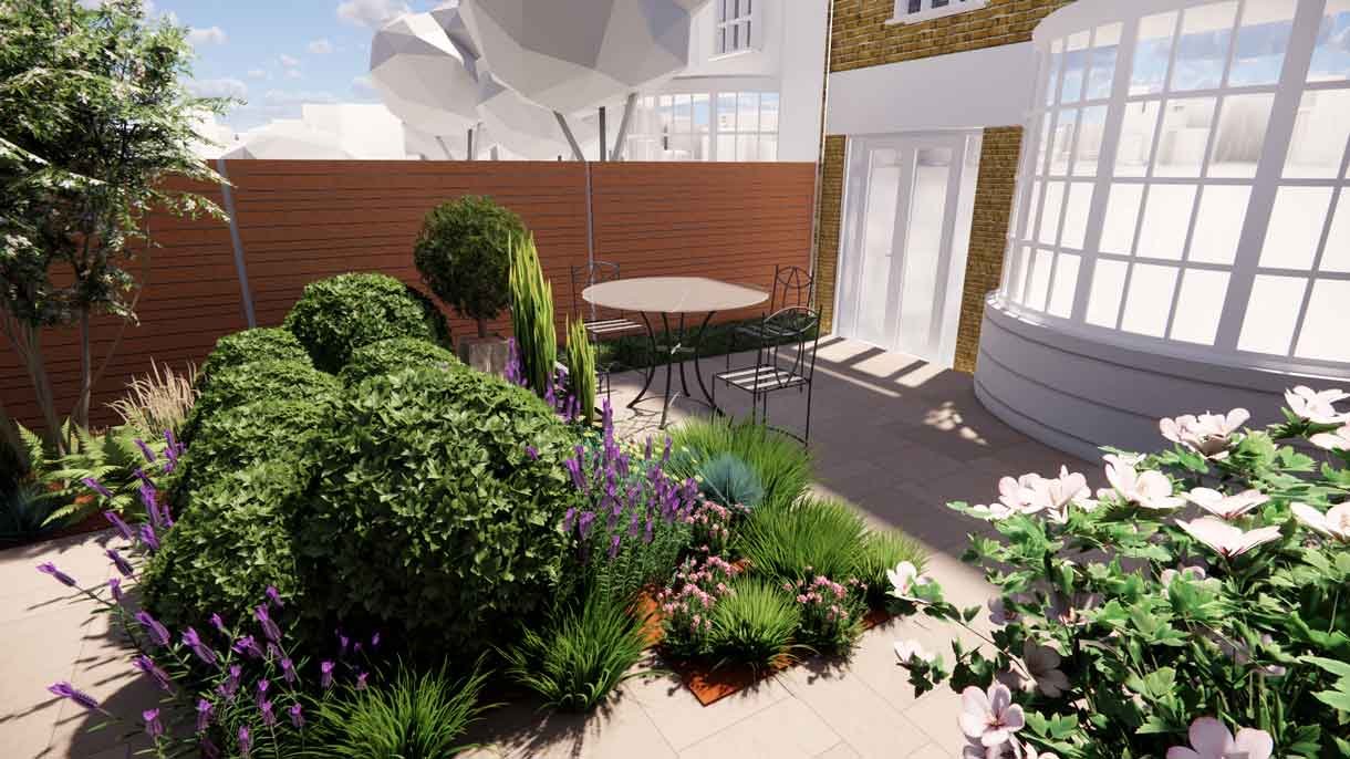 Computer generated image of a garden design with lots of plants in 3D
