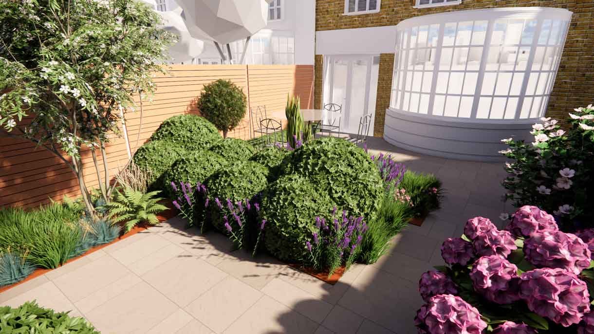 Computer generated image of a garden design with lots of plants in 3D
