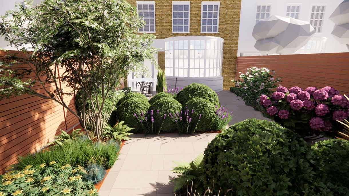 Computer generated image of a garden design with lots of plants in 3D