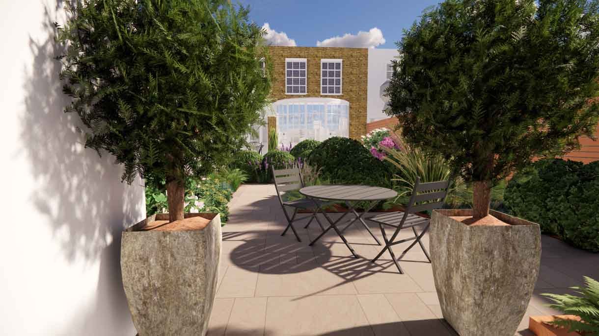 Computer generated image of a garden design with lots of plants in 3D