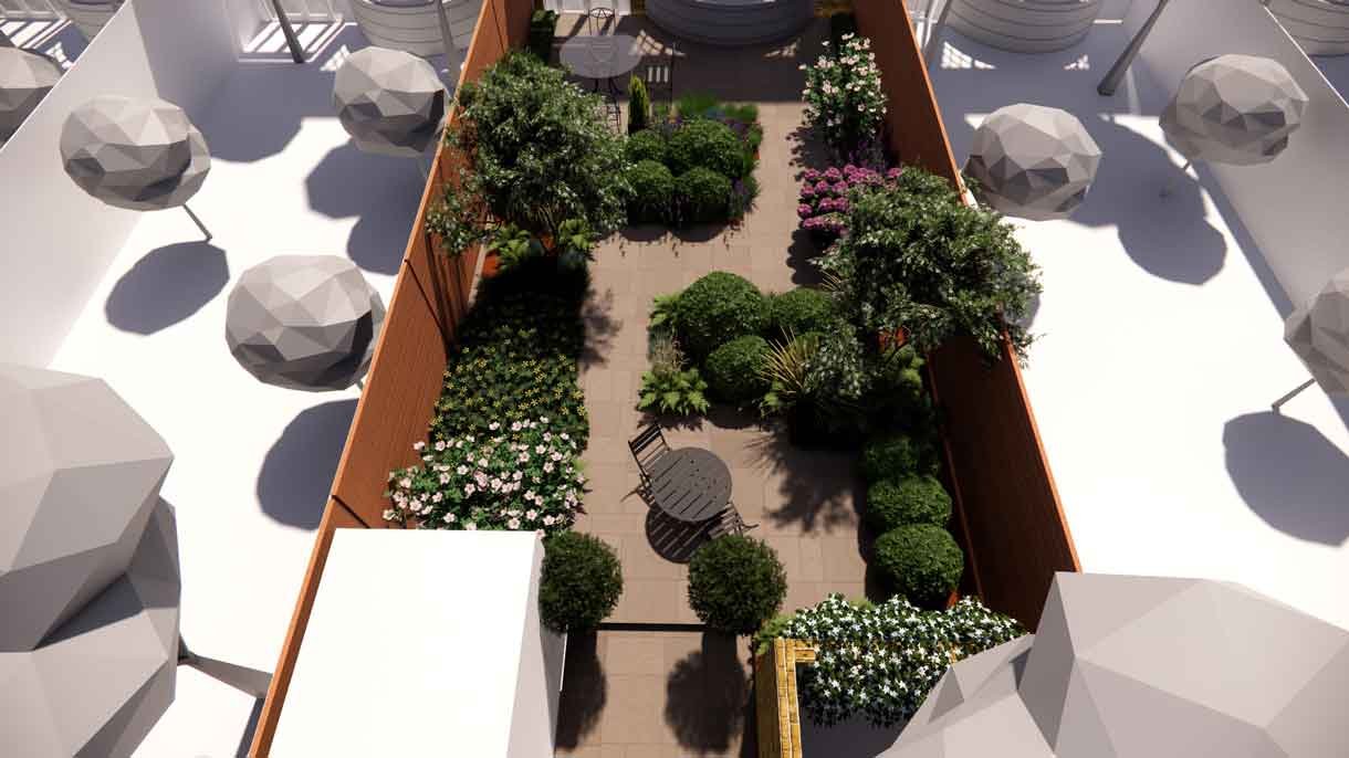 Computer generated image of a garden design with lots of plants in 3D