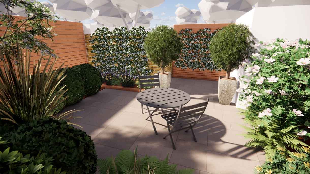 Computer generated image of a garden design with lots of plants in 3D