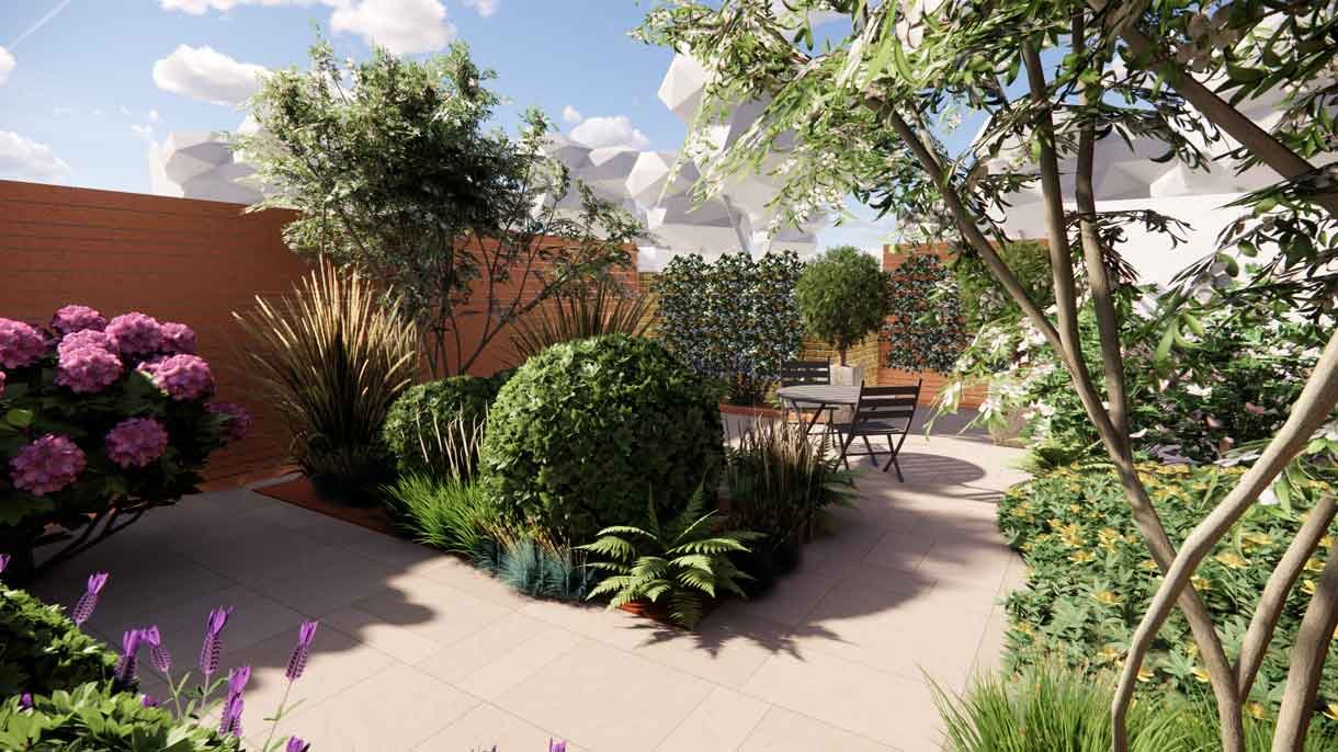 Computer generated image of a garden design with lots of plants in 3D