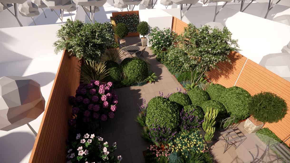 Computer generated image of a garden design with lots of plants in 3D