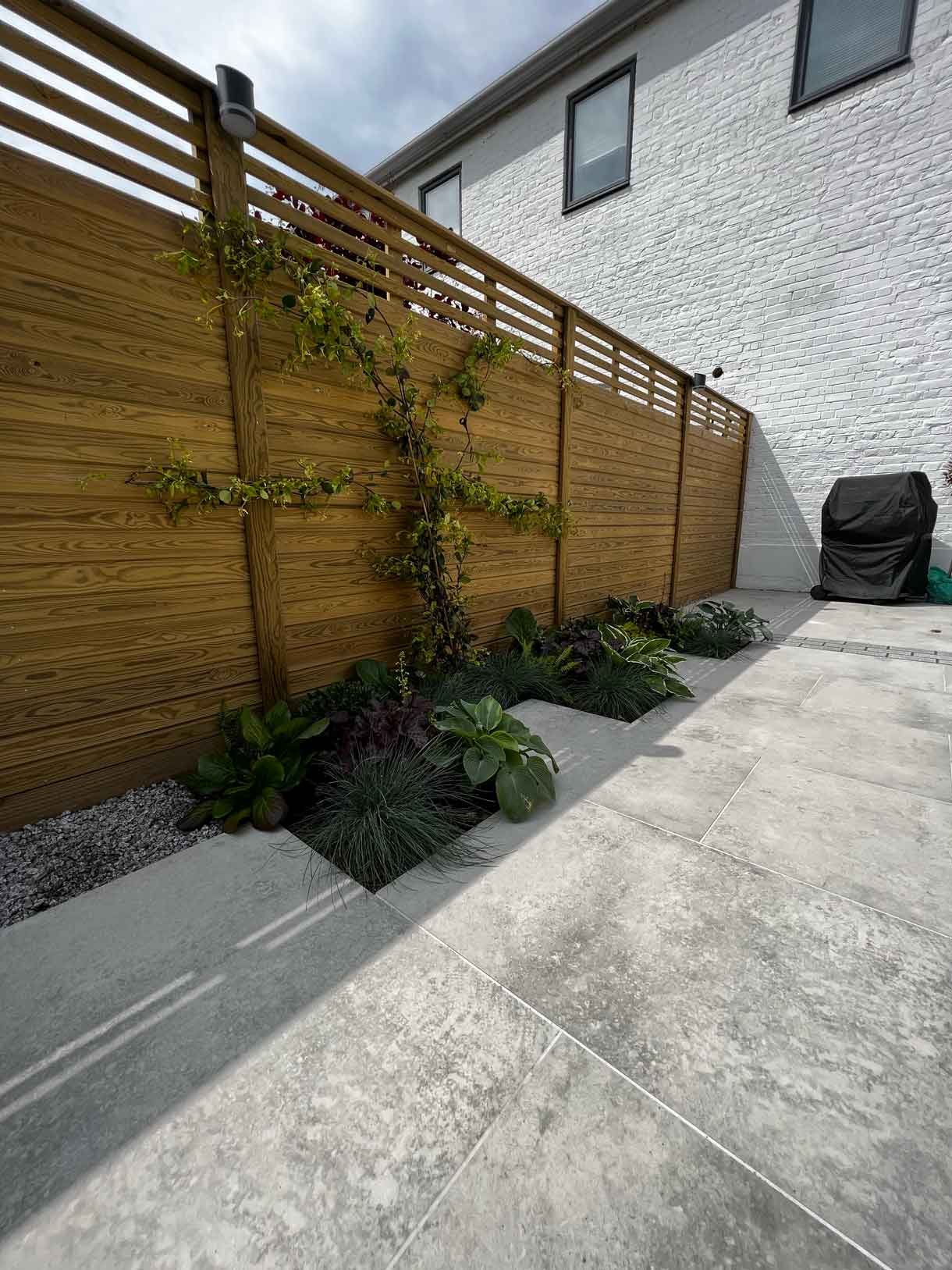A garden completely paved in porcelain tiles and planted in cut outs of the tiles and raised planters.