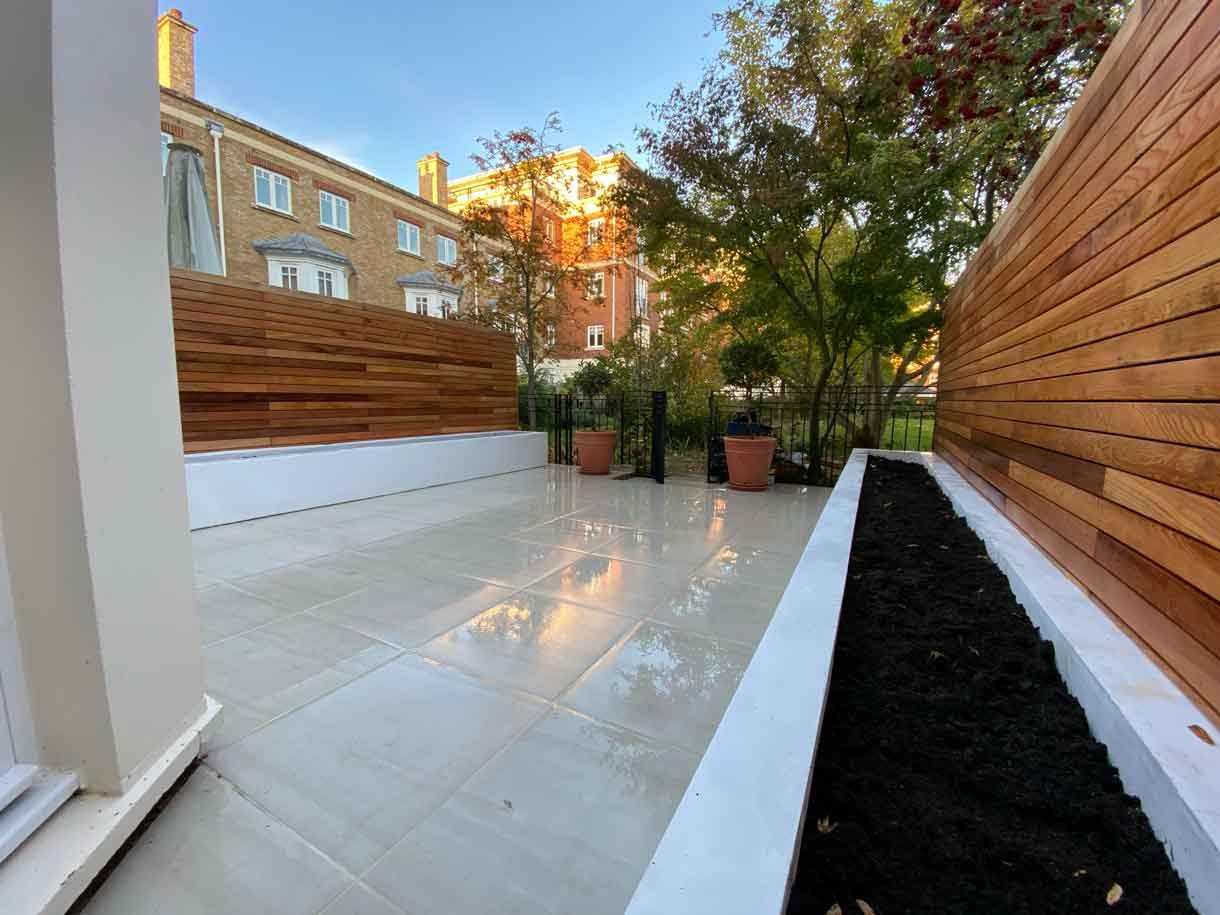 Courtyard garden in Richmond with white rendered planters and cedar fencing.