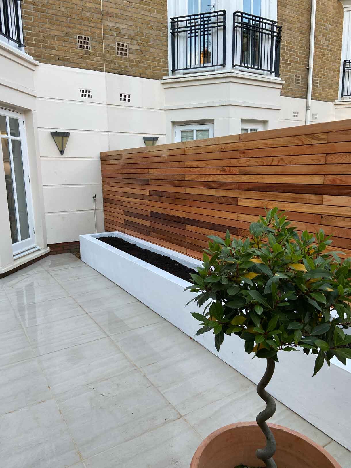 Courtyard garden in Richmond with white rendered planters and cedar fencing.