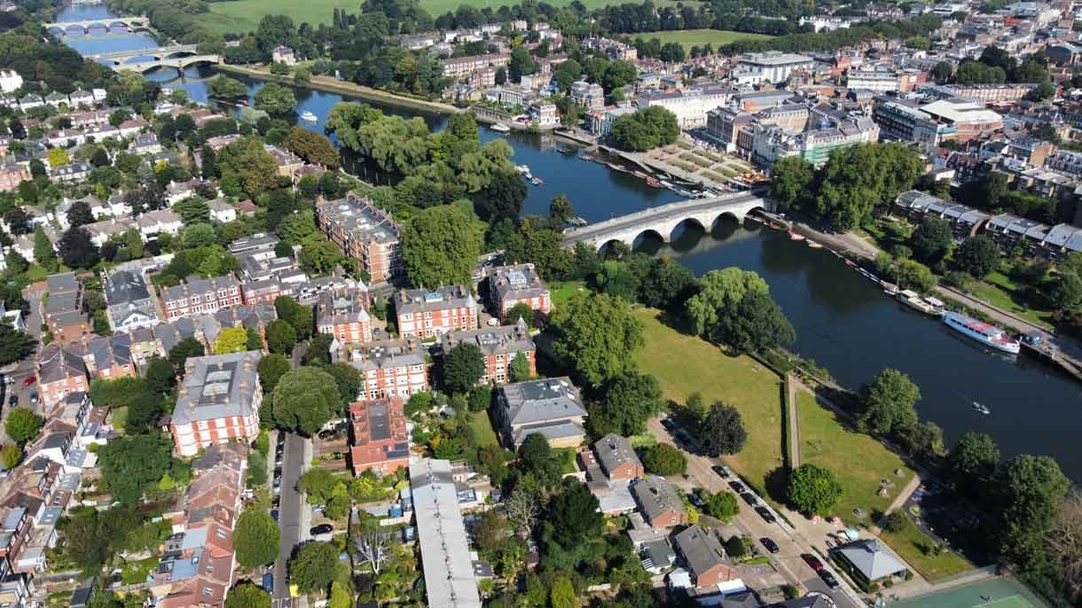 Aerial view of Richmond upon Thames. Showing the houses below and the Thames and Richmond Bridge