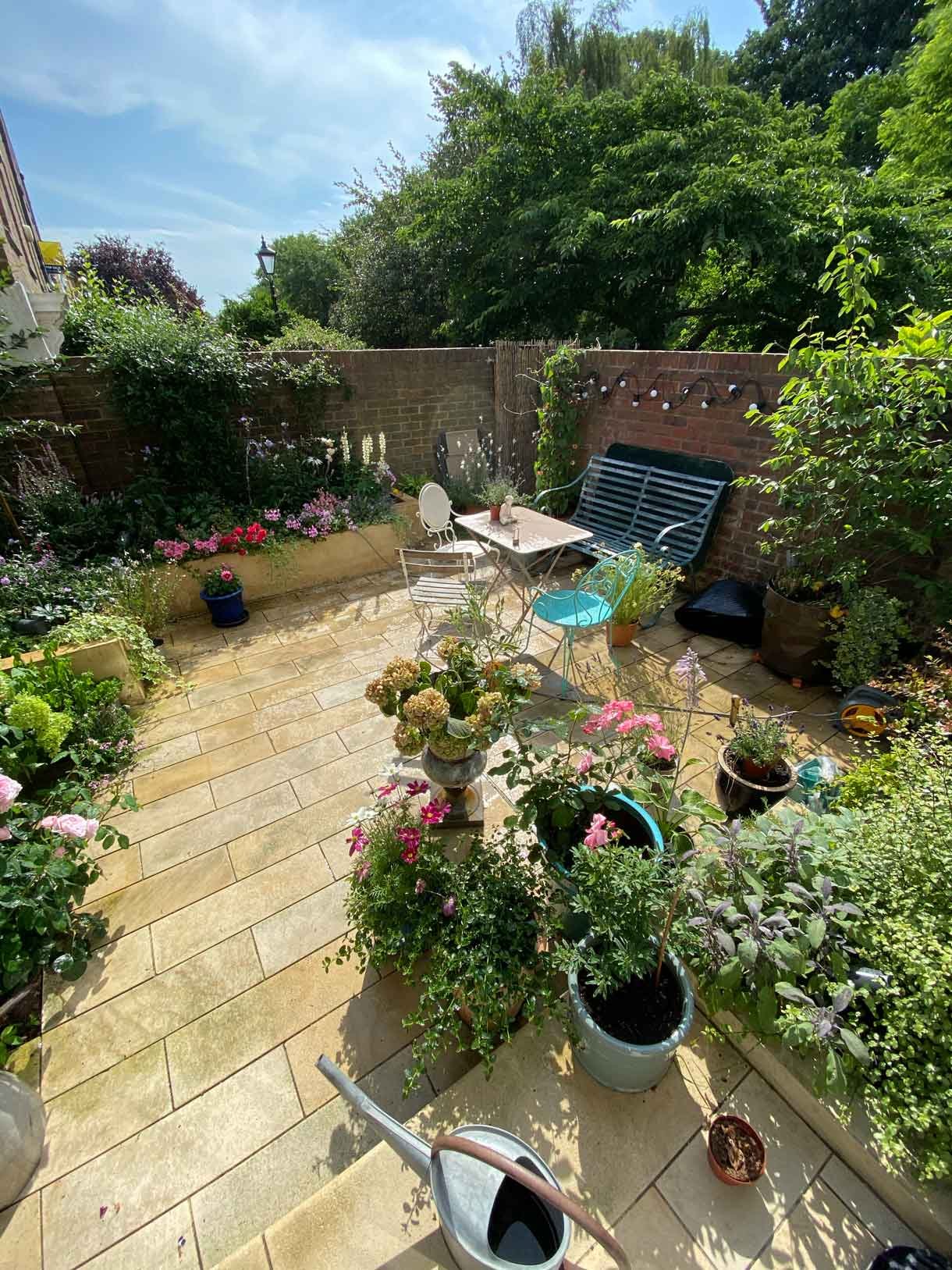 A small courtyard garden in Chiswick with raised planters.