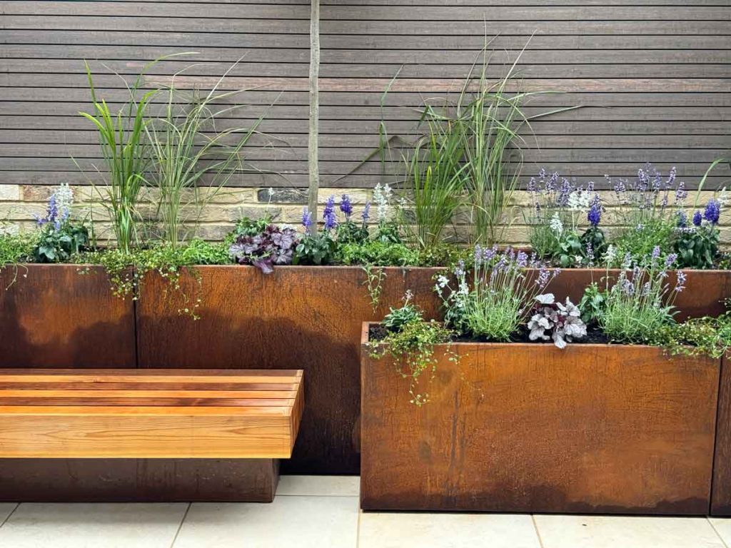 Bold architectural garden with weathered corten steel planters, structural grasses and hardwood bench